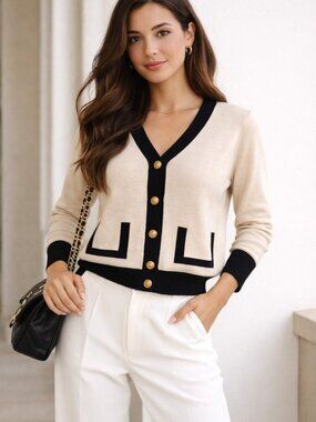 AK Collection Ivory Black Trims Structured Knit Cardigan Sz M NEW